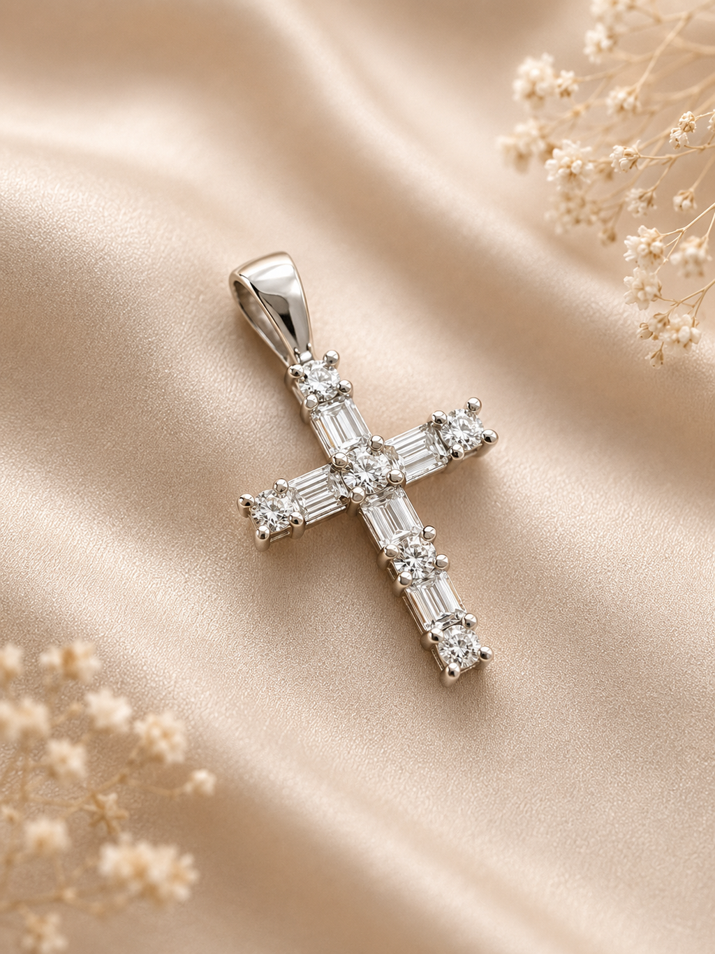 ✨14k White Gold Round & Baguette Diamond 0.33ct Cross Pendant ✨