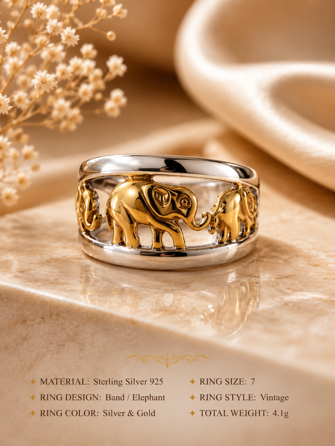 🐘✨Sterling Silver 925 Two-Tone Elephant Band Ring🐘✨