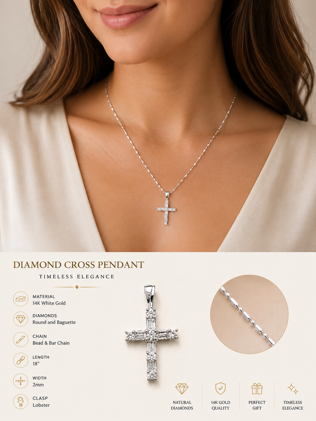 ✨White Gold 14k Diamond Cross Pendant Necklace✨