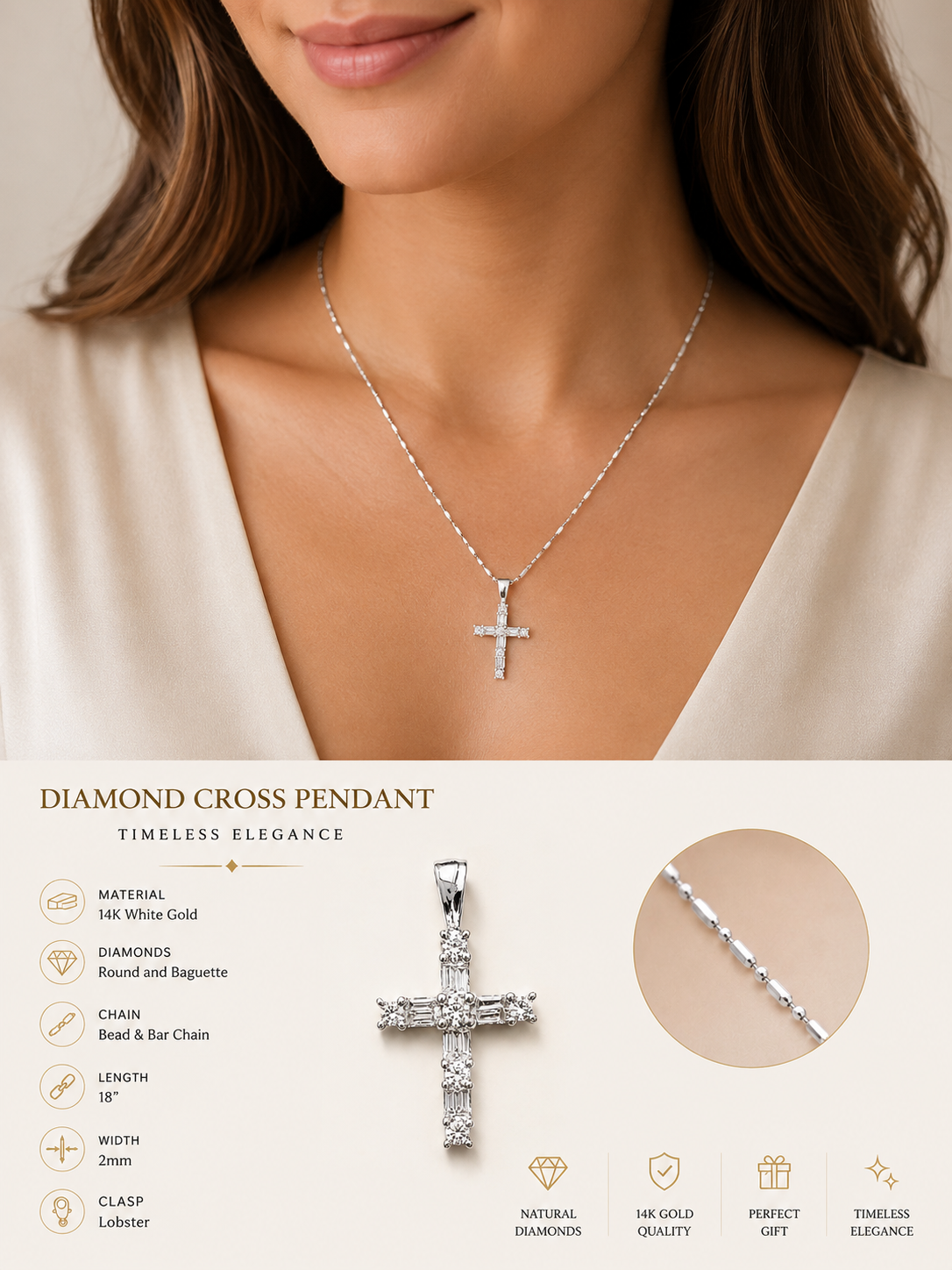 ✨White Gold 14k Diamond Cross Pendant Necklace✨