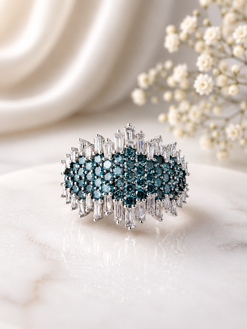 ✨Sterling Silver 925 Blue & White Moissanites  Cocktail Ring✨