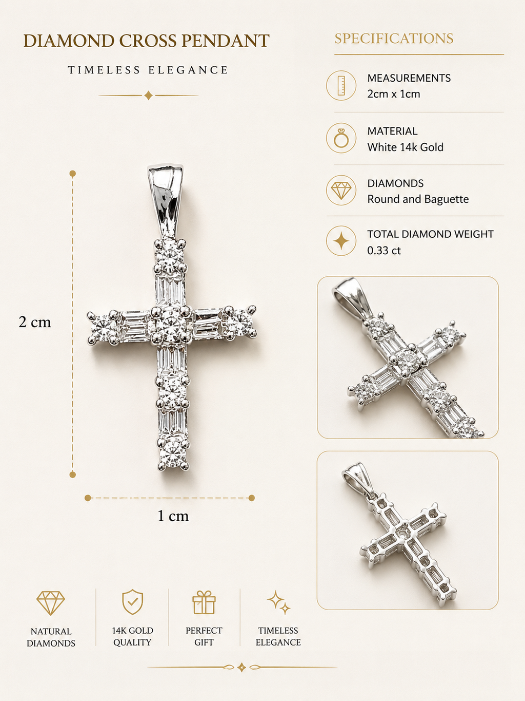 ✨14k White Gold Round & Baguette Diamond 0.33ct Cross Pendant ✨