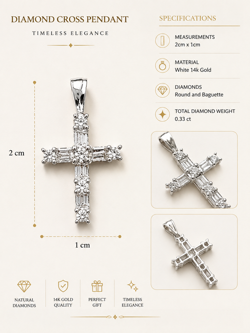 ✨14k White Gold Round & Baguette Diamond 0.33ct Cross Pendant ✨