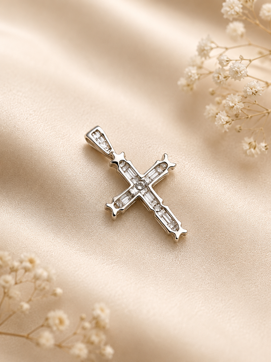 ✨14k White Gold Round & Baguette Diamond 0.33ct Cross Pendant ✨