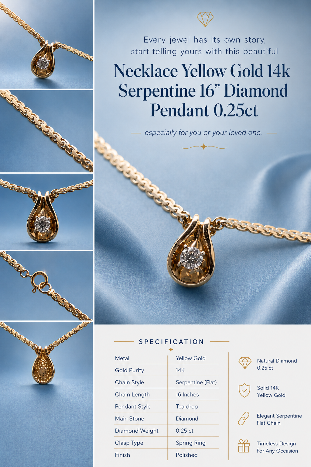 ✨ 14K Gold Serpentine Necklace with 0.25 ct Diamond Pendant ✨