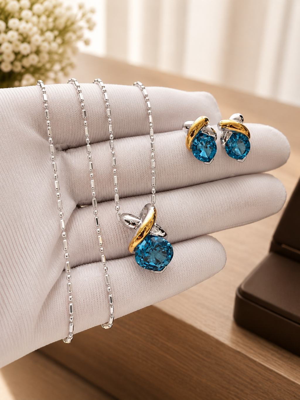 💙Blue Topaz Two-Tone Jewelry Set – Sterling Silver & 18K Yellow Gold💙