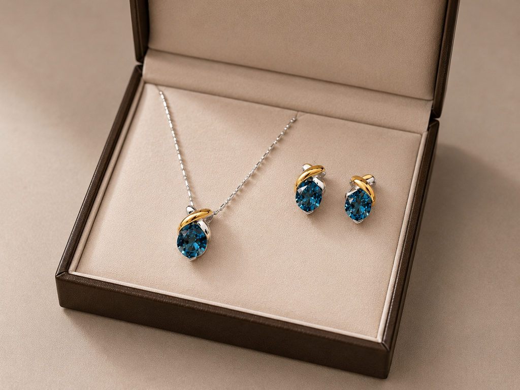 💙Blue Topaz Two-Tone Jewelry Set – Sterling Silver & 18K Yellow Gold💙