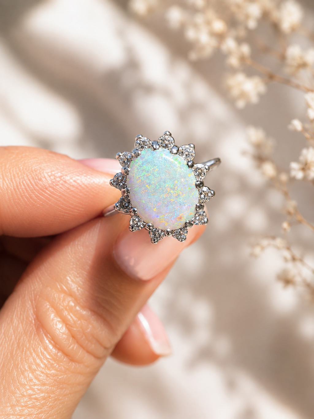 ✨ 14K White Gold Natural Opal & Diamond Ring ✨