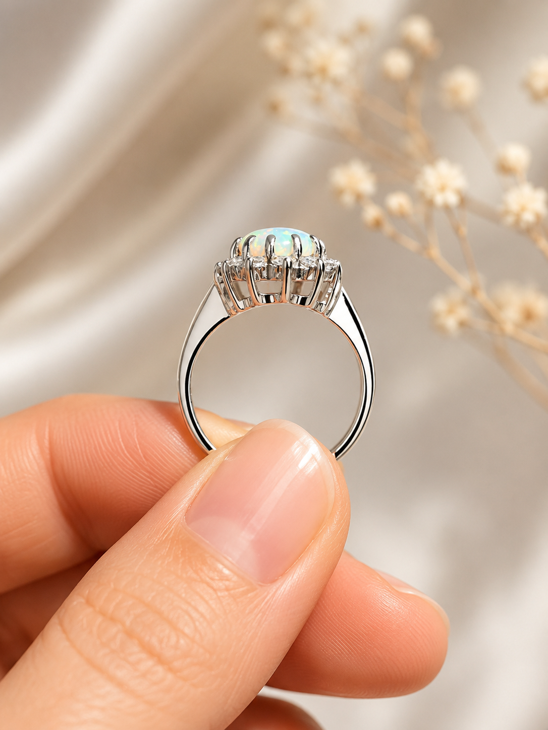 ✨ 14K White Gold Natural Opal & Diamond Ring ✨